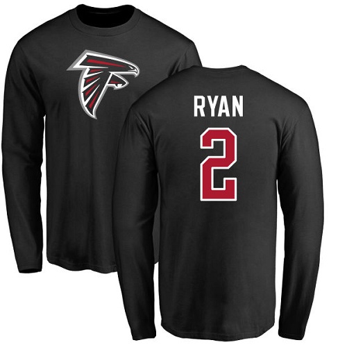 Atlanta Falcons Men Black Matt Ryan Name And Number Logo NFL Football #2 Long Sleeve T Shirt